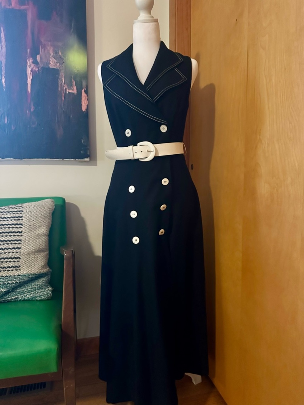 Julian Taylor Black Sleeveless Midi Dress with White Buttons and Belt